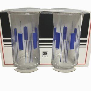 TG CRISA Clearly Glassware 12oz Tumblers Set of 4 NOS Blue Geometric Boxed MCM